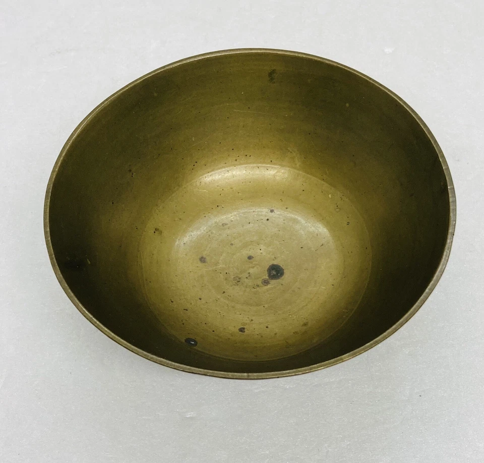 Antique 1930s Chinese Handcarved Brass Bowl Etched Abstract Art Design 4.5” 6 - Image 2 of 4