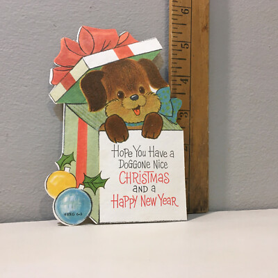 Vtg Child's Christmas Card Puppy Dog Gift Box ''Doggone Nice Christmas''  Die Cut 