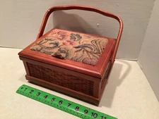 Wooden/rattan sewing basket, tapestry lid, swing handle