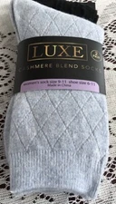 Women’s Luxe Cashmere/Wool Blend Crew Socks Size 6-11 - 2 Pairs Blue/Black New