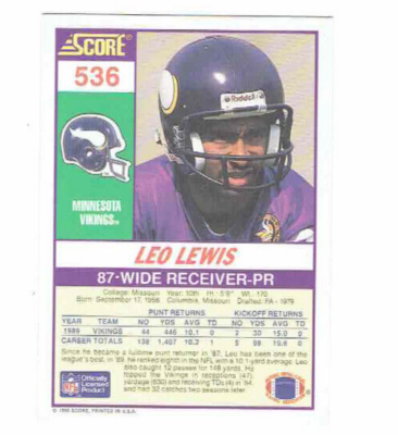 Leo Lewis Minnesota Vikings #87 WR-PR #536 Score 1990 Football