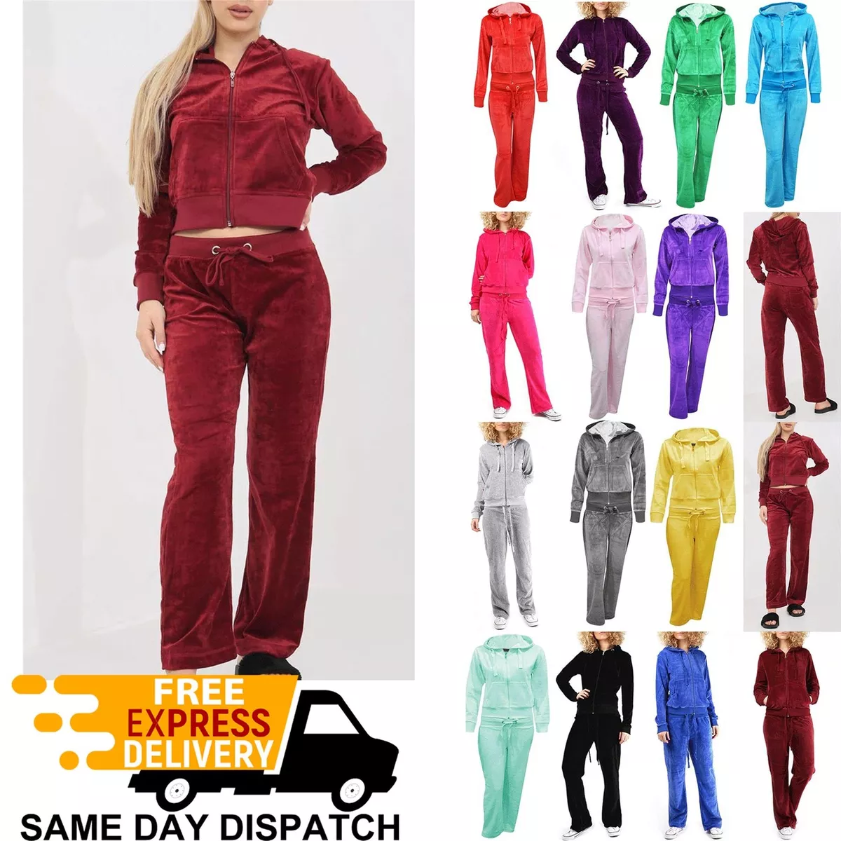 Womens Velvet Velour Hoodies Ladies Hooded Joggers Loungewear 2PCS Tracksuit  Set