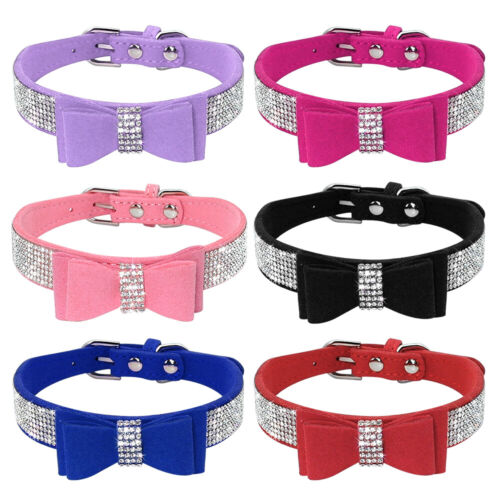 Suede Leather Rhinestone Dog Collar Cute Bow Tie Cat Puppy Small Dogs Chihuahua - Afbeelding 1 van 17