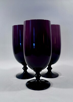 Vintage Carlo Moretti Set--3 Amethyst-White Case Water Goblet Glass Stems 6.75 