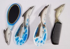 Hand Painted Art Hair Brush Mirror Comb Gray Dolphin Design Set of 3 CB32D