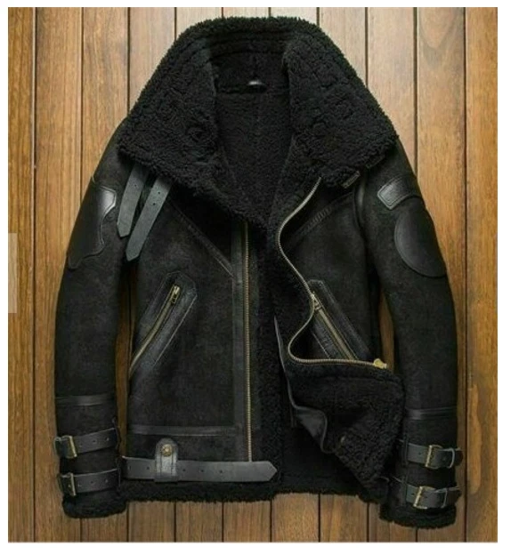 New Shearling Coat Mens B3 Bomber Jacket Black Leather