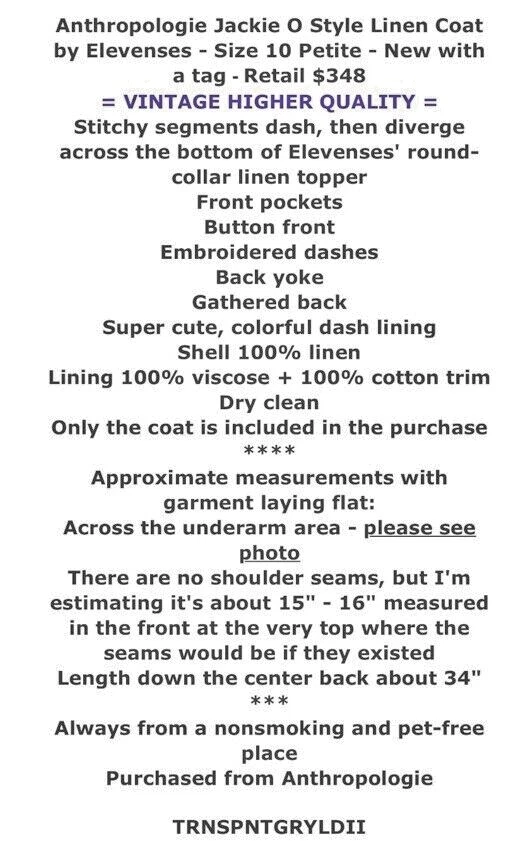 $348 Abrigo Anthropologie Jackie O Estilo Vintage Lino Pequeño 10 P10 Bordado Foto 2 de 4