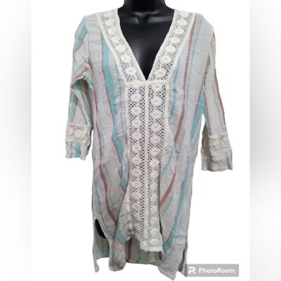 Beach by Exist Shirt, Size L, Cover-up Striped W/ Crochet Floral, Lightweight