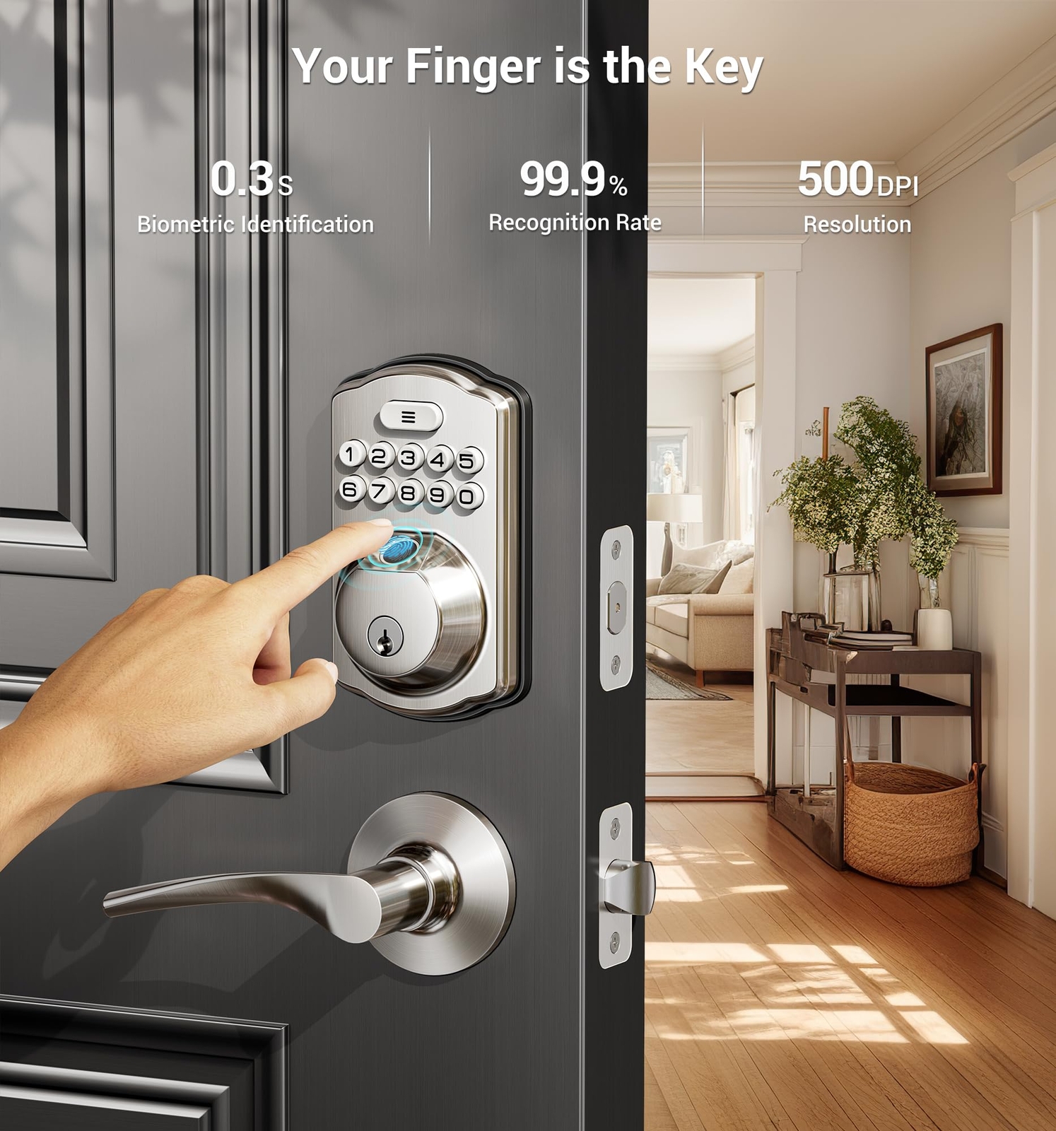Veise Fingerprint Door Lock with 2 Lever Handles - Keyless Entry Door Lock, Elec