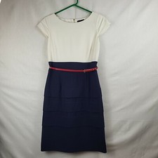 Tahari ASL Womens Blue White Short Sleeve Round Neck Midi Sheath Dress Size 8