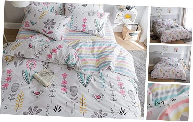 Floral Bird Print Pattern Girls Duvet Cover White Premium Cotton Full Kawaii