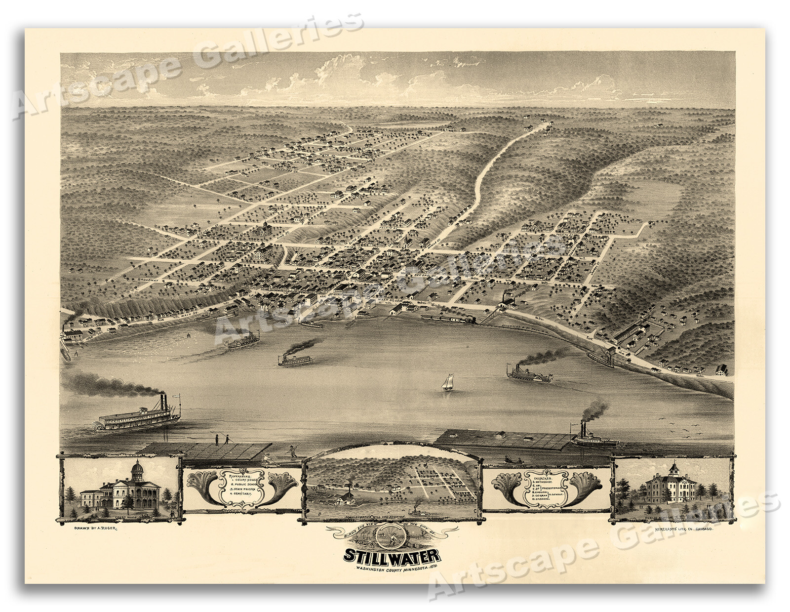 Bird's Eye View 1870 Stillwater Minnesota Vintage Style City Map - 18x24