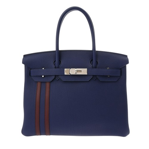 HERMES Birkin 30 Officer Togo/Vaux Swift Blue Ankle/Rouge Ash unisex Handbag...