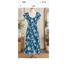 Old Navy Women’s Midi Dress Cottage Core Sz M Blue White Floral Square Neck