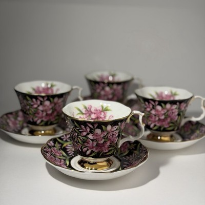 VTG Royal Albert Fireweed Tea Cup Saucer Set of 4 Provincial Flowers Black Pink