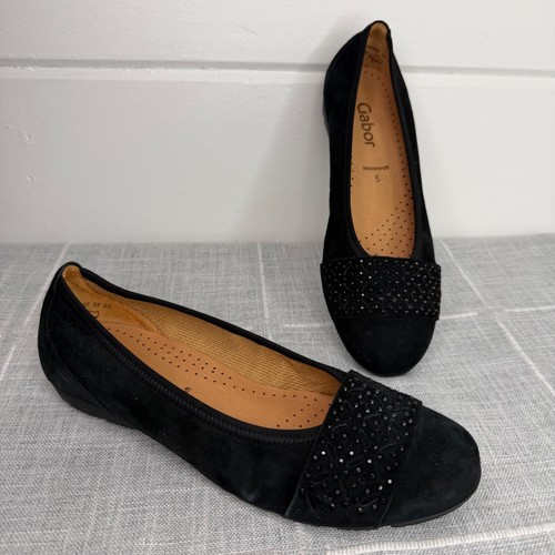Gabor US 7.5 Black Flats Suede Laser Cut Rhinestone UK 5 Hovercraft Sole