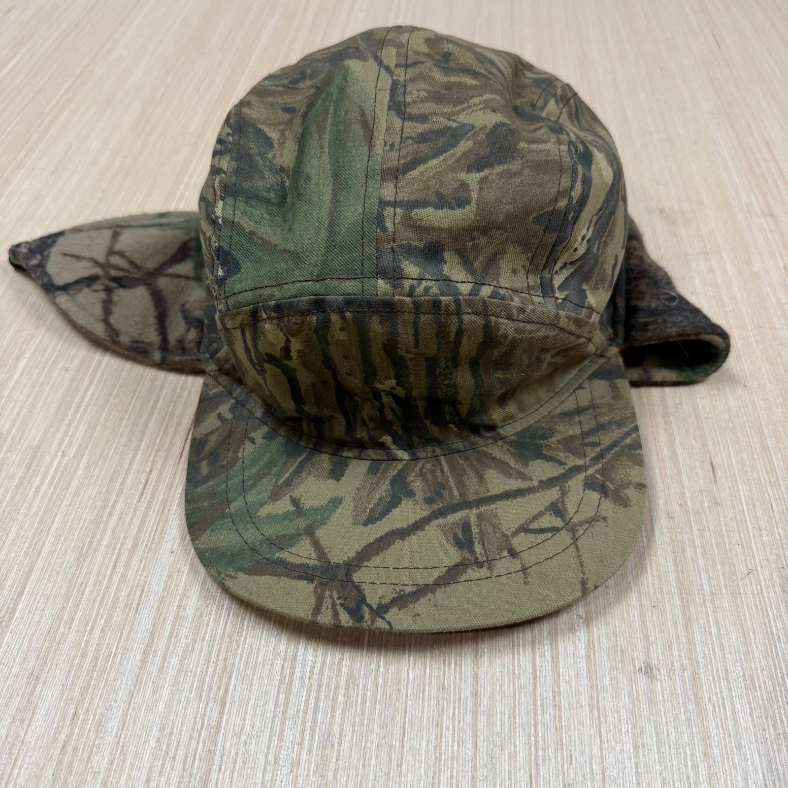 Vintage Camo 5 Panel Hat Ear Flaps Fleece Lined Made in USA L/XL Hunting Trapper