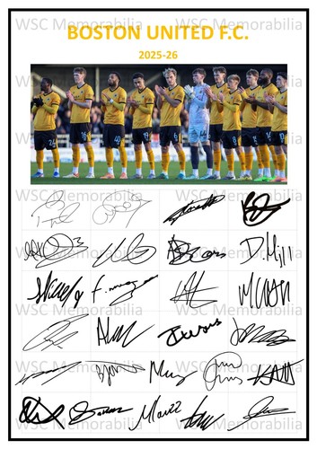 12286. 2025-26 Boston United Signed Team Photo Sheet (PRINTED AUTOGRAPHS - A4)
