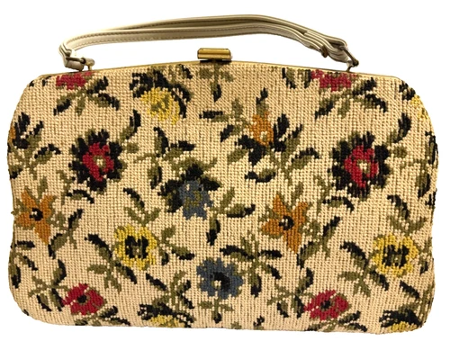 Vintage Tapestry Floral Purse Carpet Bag Tan Multi Floral 11.5 X 8 Inches