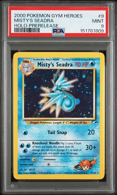 2000 POKEMON GYM HEROES HOLO PRERELEASE #9 MISTY'S SEADRA PSA 9 MINT