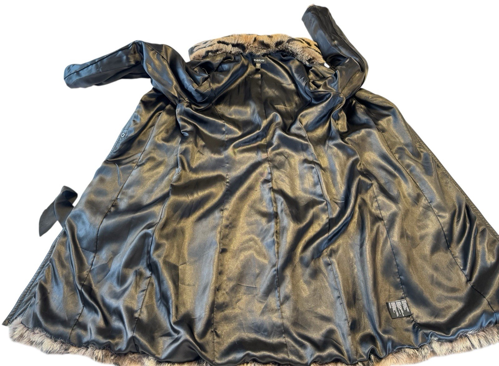 Vintage Bebe Dyed Rabbit Fur Coat Medium Tiger Stripe Print Leather Trim Belted