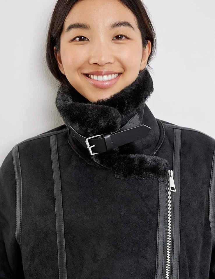 Taifun Women's Suede Style Biker Jacket Faux Fur Lined Full Zip Black Size UK 12 - Image 2 of 4