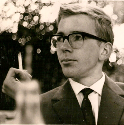 Vintage Photo Handsome Man Smoking Cigarette Tie Glasses Suit Bokeh Background