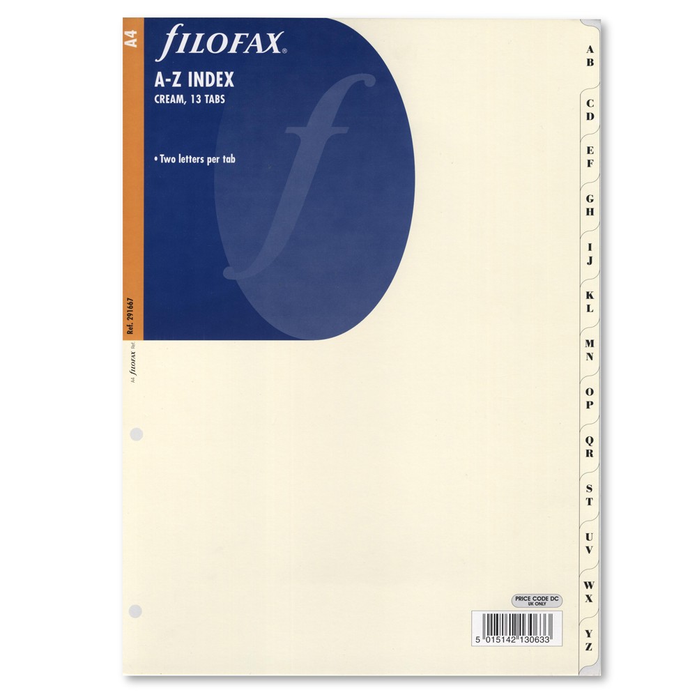 NEW Filofax A4 Cream A-Z Two Letter Index Tabs Refill
