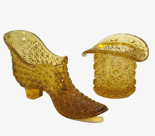 Fenton Amber Glass Lot of 2 pieces: shoe/slipper (marked H.T) and hat