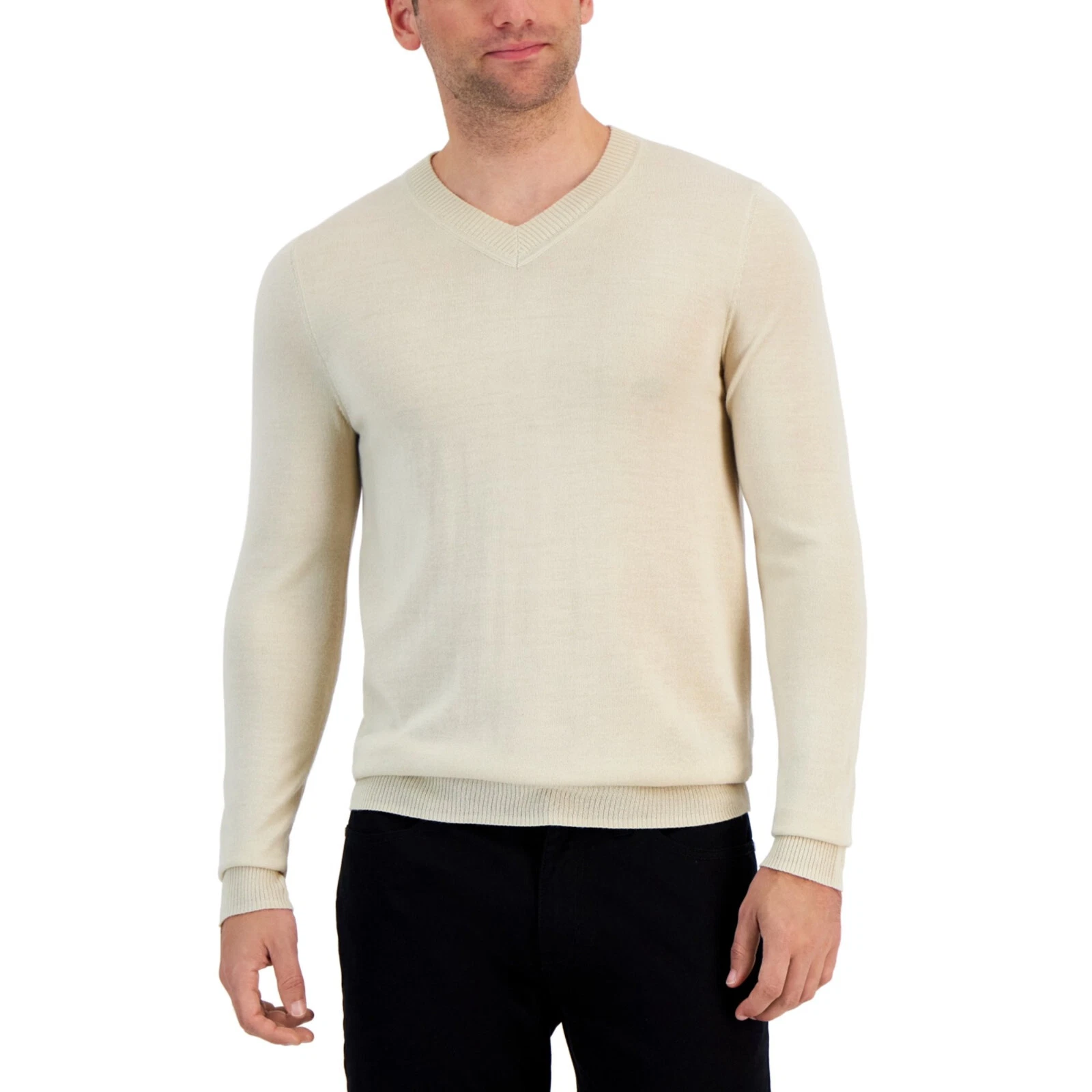 Alfani Mens Long Sleeve V Neck Merino Sweater in Brown Rice Size L