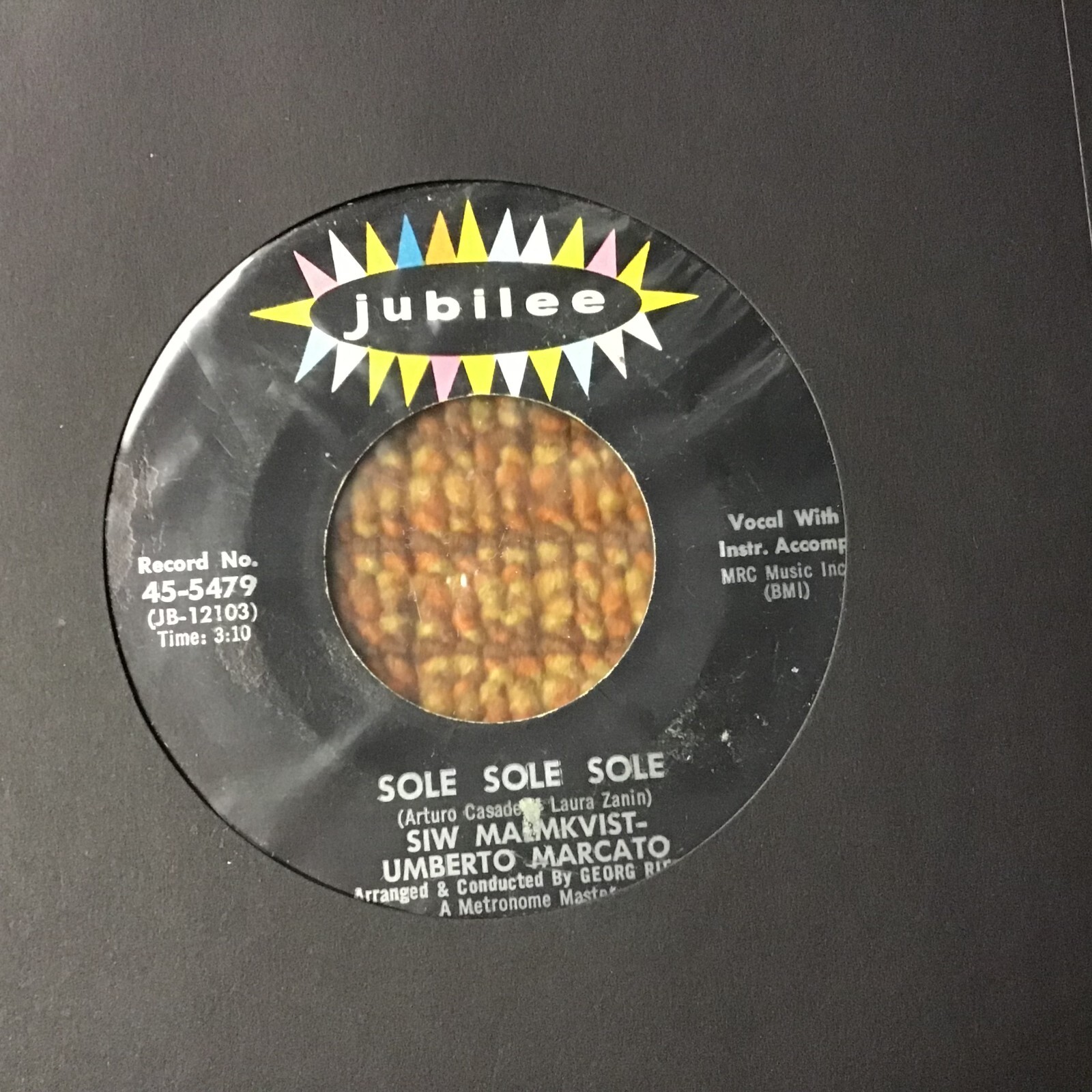 45 RPM Siv Malmkvist/ Umberto Marcato JUBILEE 5479 Sole Sole Sole VG+