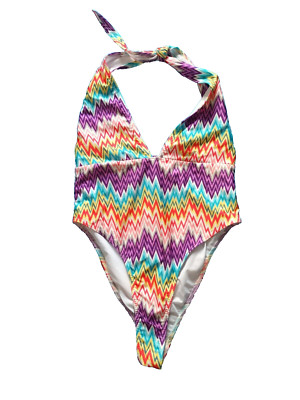 Boohoo UK 12 Zick Zack bunt hohes Bein extrem tief ausgeschnitten Neckholder Badeanzug