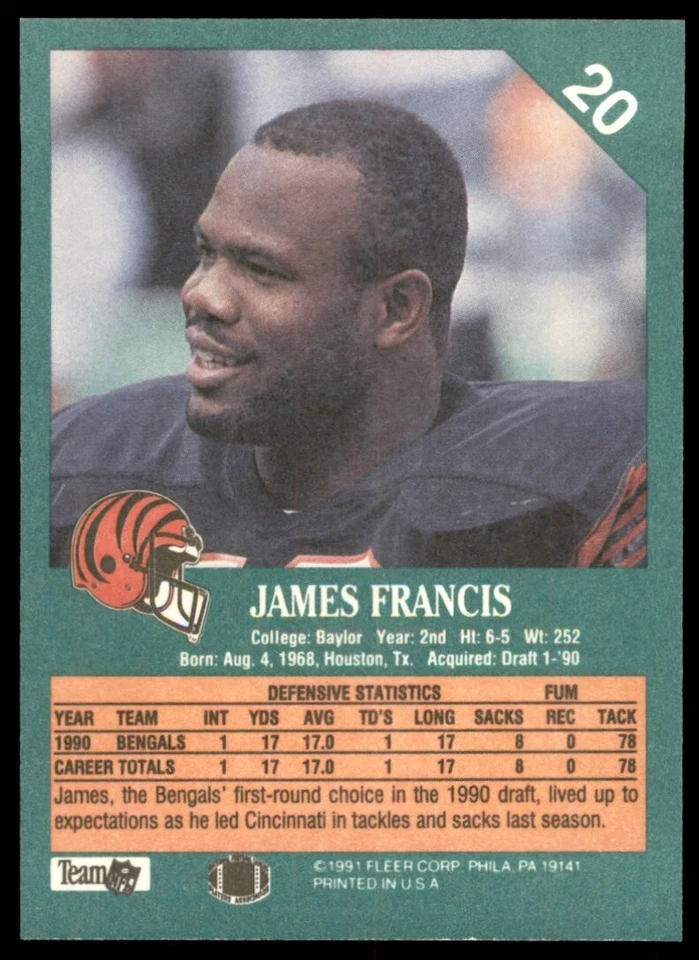 1991 FLEER JAMES FRANCIS CINCINNATI BENGALS #20 - Image 2 of 2