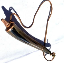 Colonial Bovine Powder Horn with Brass Screw Tip and Leather Strap
