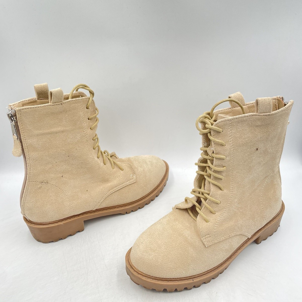 TAN SUEDE BIKER BOOTS CAMEL LACE UP CHUNKY SHOES STOMPER UK Size