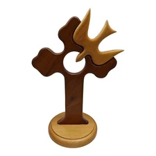 Wood Inlay Cross With Dove On Stand