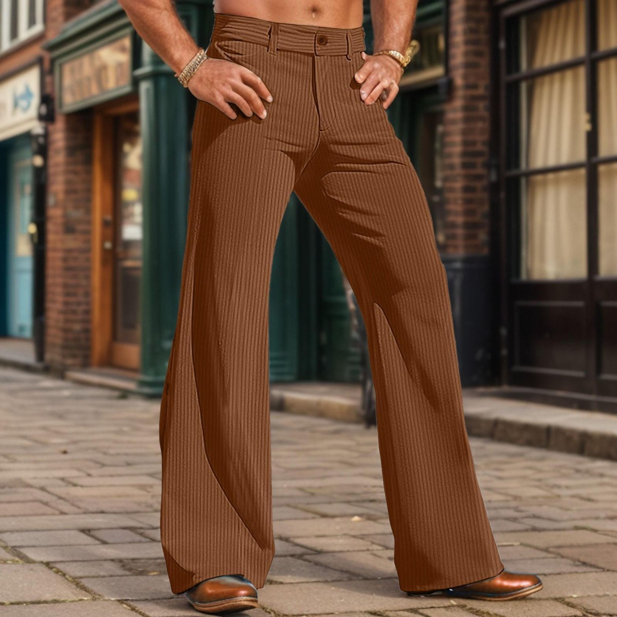 Punk Retro Men Bell Bottom Corduroy Wide Leg Flared Plain Pants