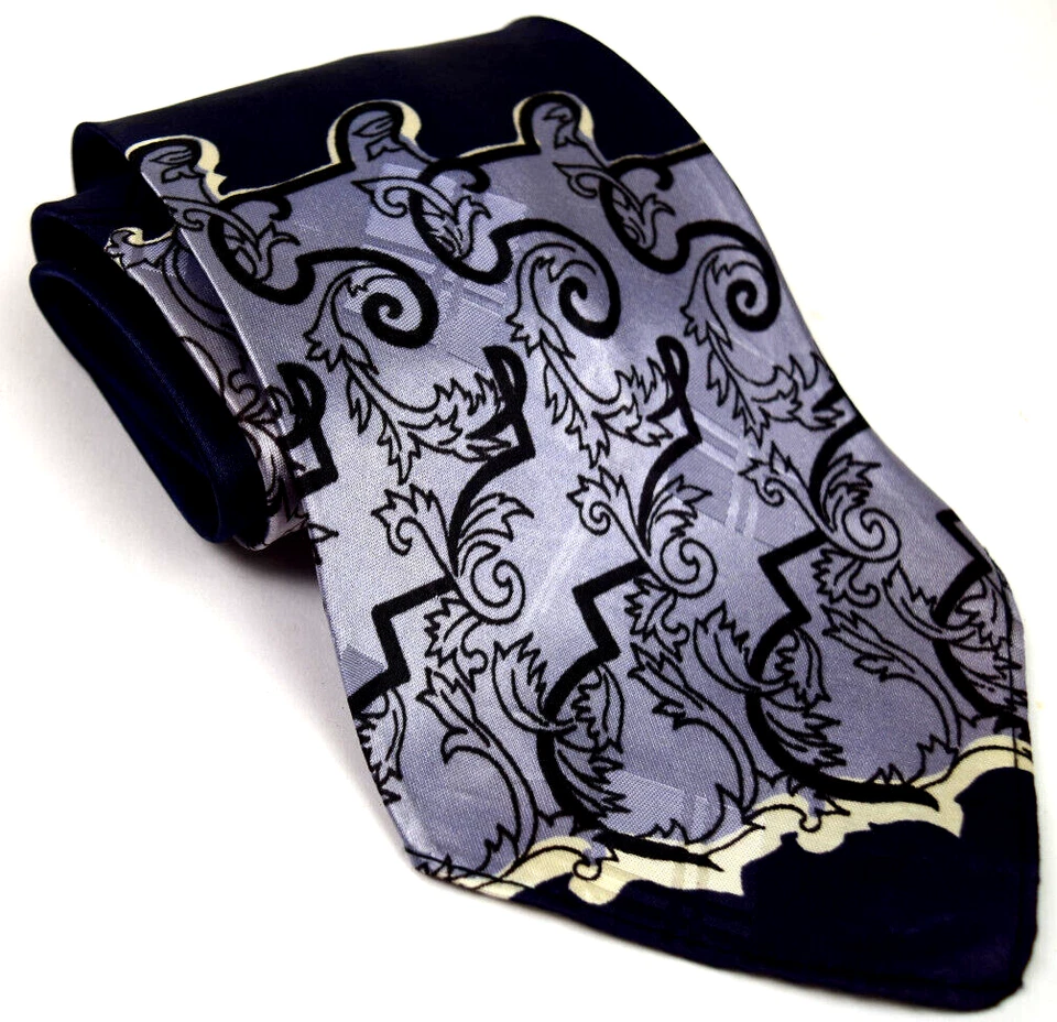 Corbata de Colección Hanway Años 20 30 Art Deco Rota Azul Marino Plata Azul Satinado 48" x 4.25" Foto 3 de 4