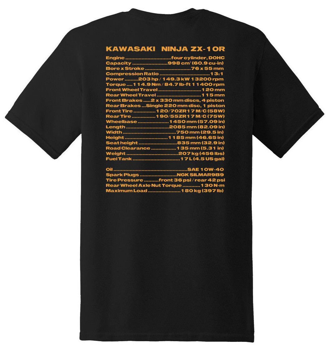 KAWASAKI Ninja ZX-10R T-shirt with technical details printed on the back.