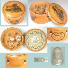 Antique Mauchline Ware Spool & Thimble Case * Sterling Silver Thimble * C1880s