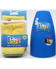 RAZZ Baby Tub Time Bath Rinse Cup 3 Wash Cloths Blue Yellow Toddler Kid BPA Free