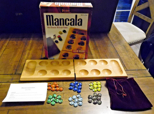 Parker Bros. Deluxe Mancala Set Real Wood Hinged Board, 48 Glass Pieces