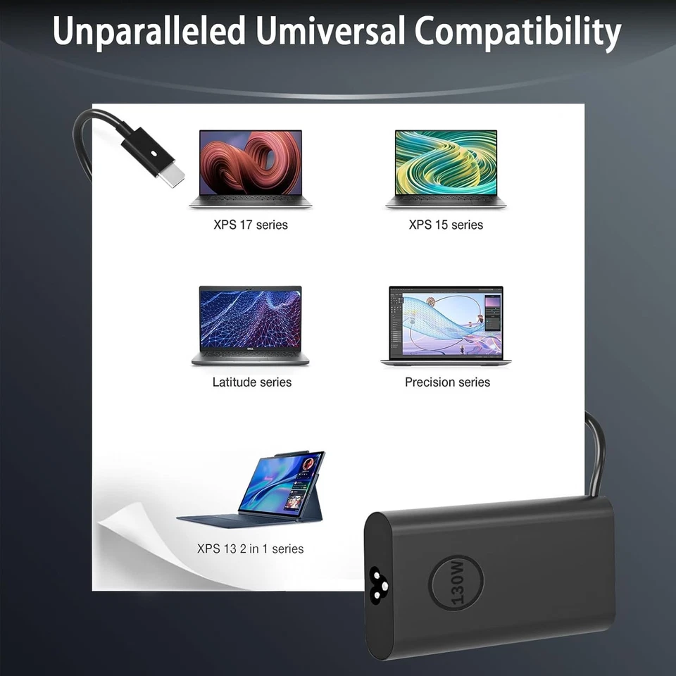 130W USB Type C Laptop Charger AC Adapter for Dell XPS 15 17 2in1 9575 9500 9700 - Image 4 of 4