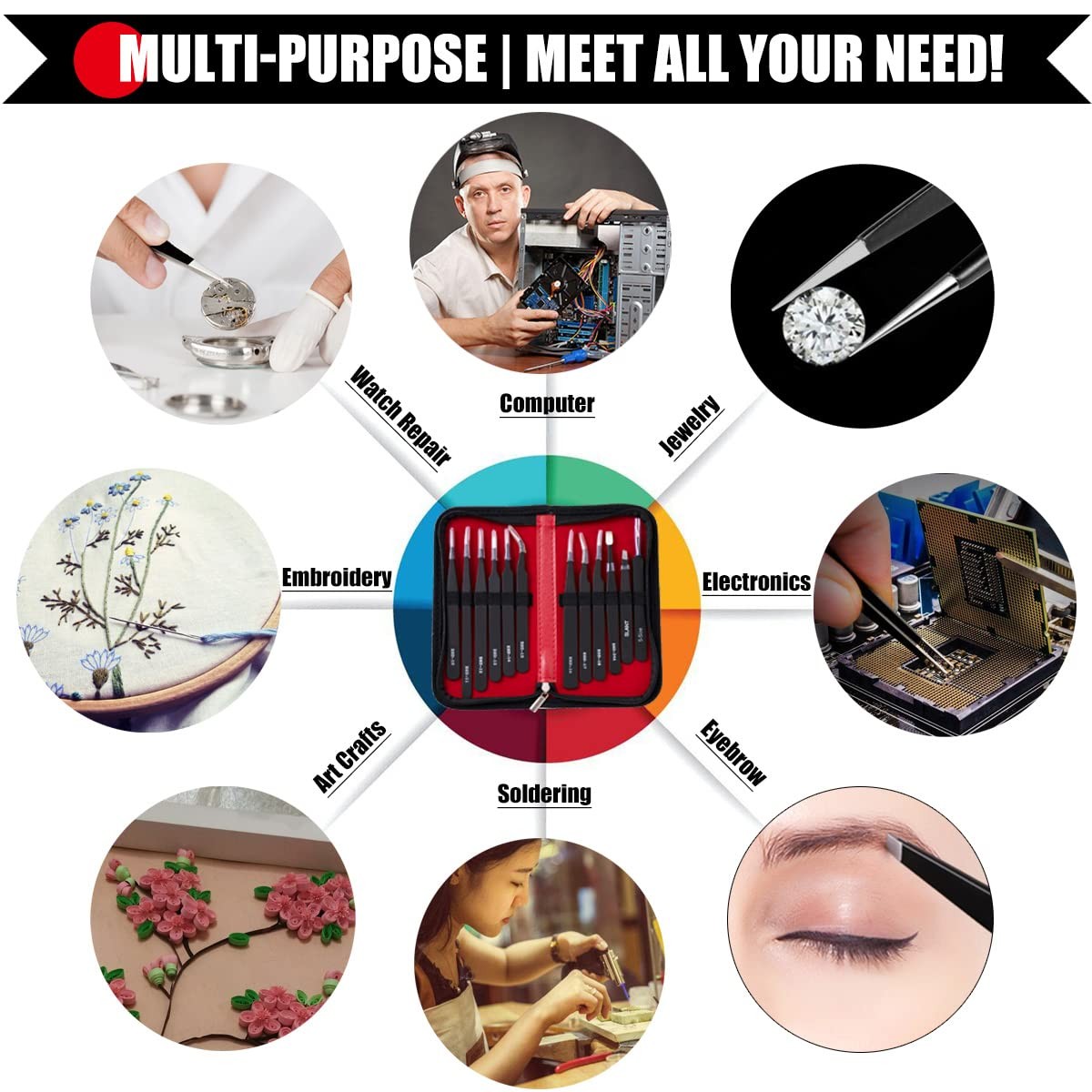 Antonki 12 Pack Precision Tweezers Set for Craft, Soldering, Jewelry, Facial ...