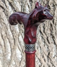 Wooden hand carved wolf walking stick for men women walking cane handmade wolf