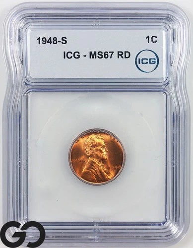 1948-S Lincoln Cent Wheat Penny, RED, ICG MS 67 RD ** Lustrous Blazer!