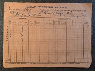 1893 Great Northern Railway Hebden Bridge to Shipley & Windhill Traffic Abstract