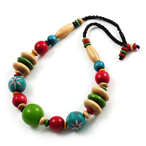 Multicoloured Wood Bead Cotton Cord Necklace - 60cm L