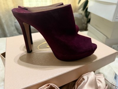 Prada Size 37.5  burgundy Suede Peep Toe Platform Mules pre owned with box