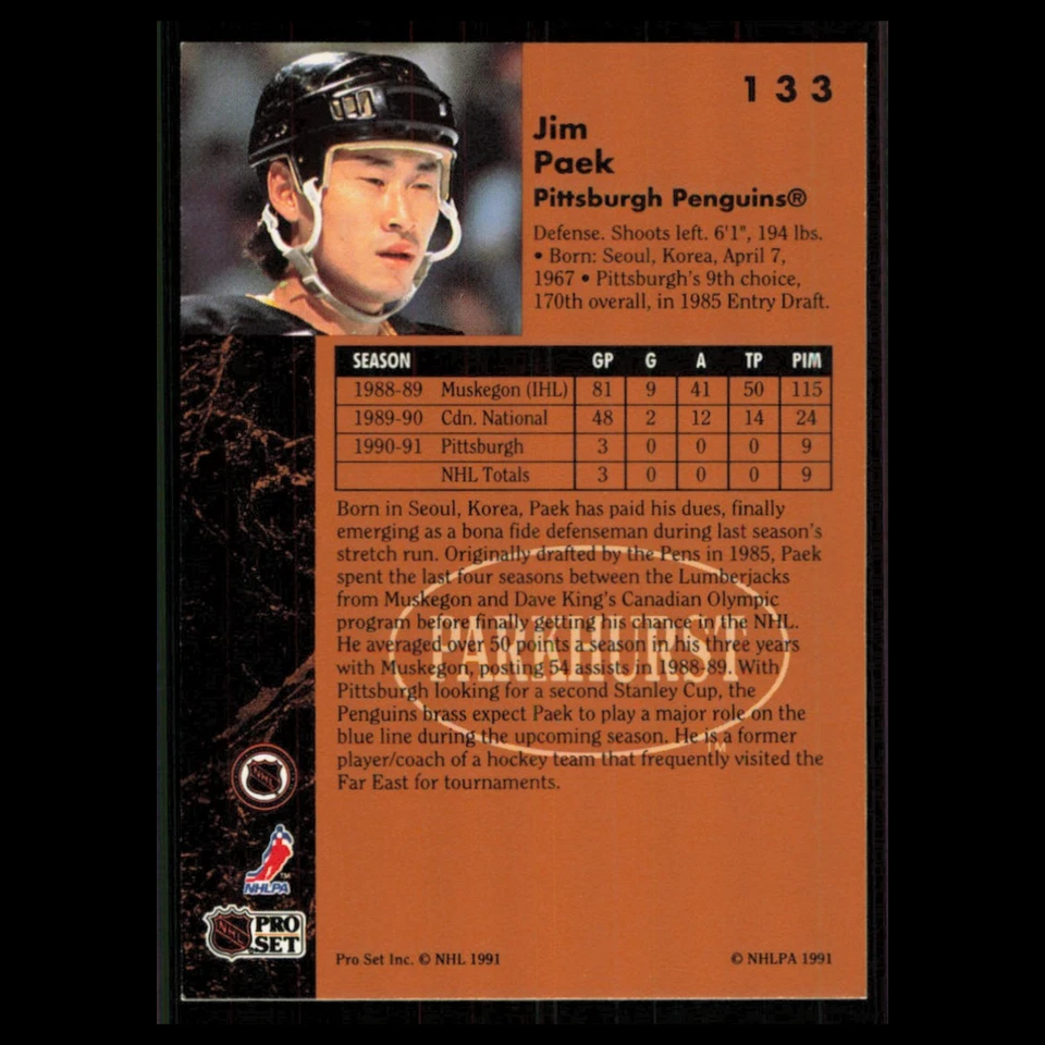 Jim Paek Rookie #133 1991 Parkhurst Pittsburgh Penguins Hockey Card NHL NM - Image 2 of 3